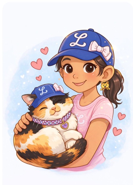 Emma holding her calico cat, both wearing matching blue caps with pink bows