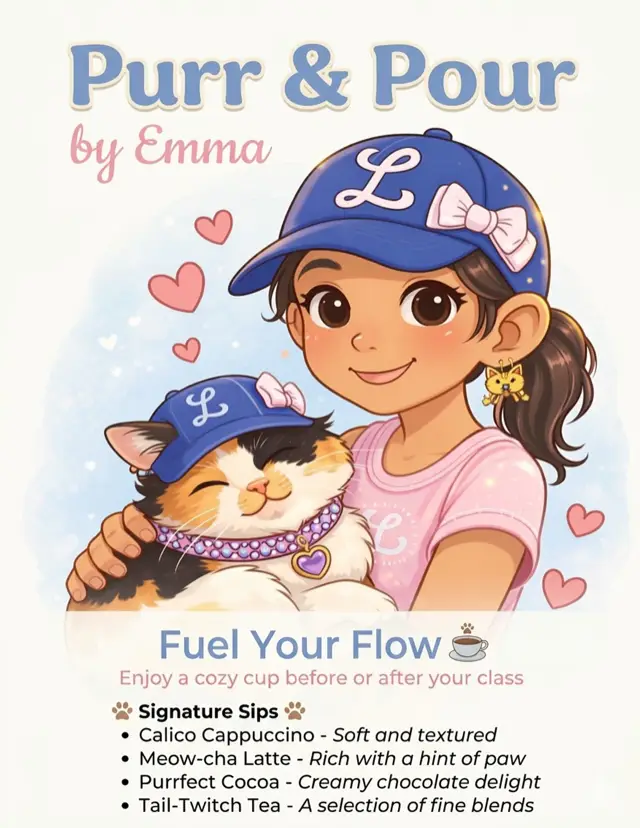 Purr and Pour promotional artwork showing Emma with her cat and signature drinks menu